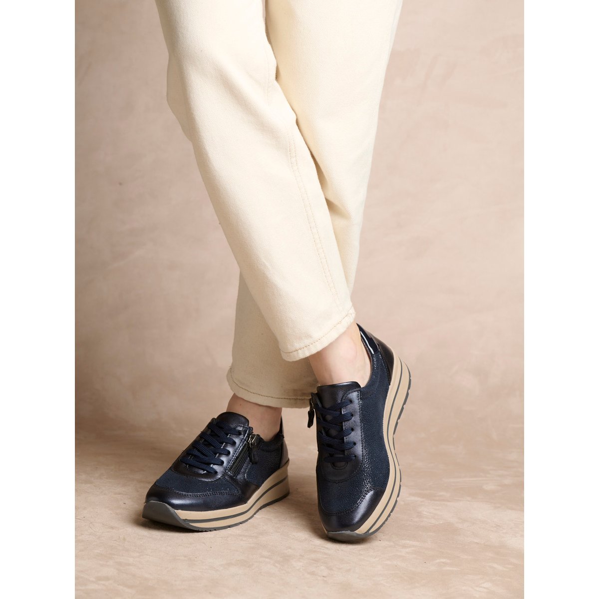 Baskets lacets et zip semelle amovible marine, PEDICONFORT