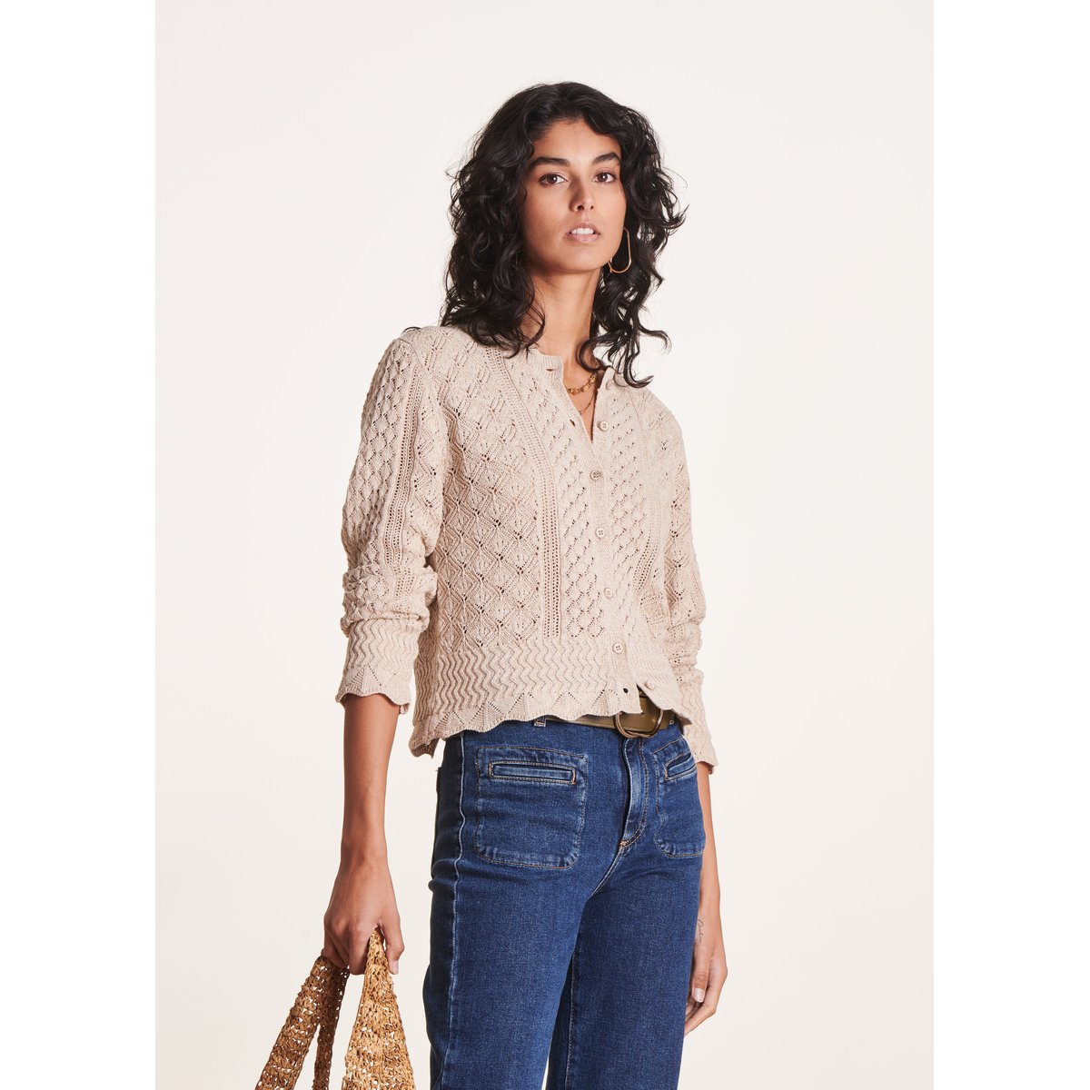 Gilet à col rond en maille chinée sable, LA FEE MARABOUTEE
