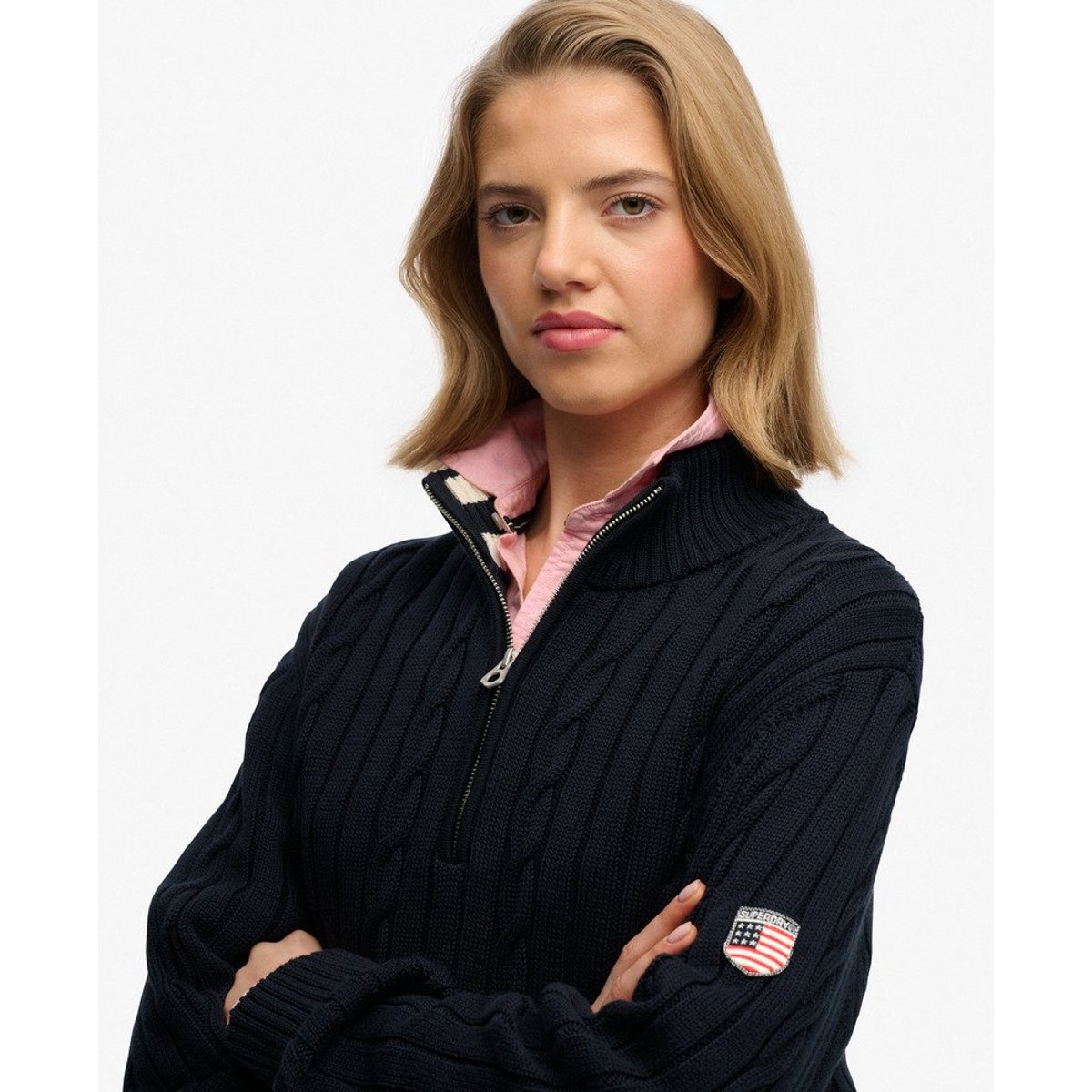 Pull à demi-zip en maille torsadée décontracté bleu marine éclipse, SUPERDRY