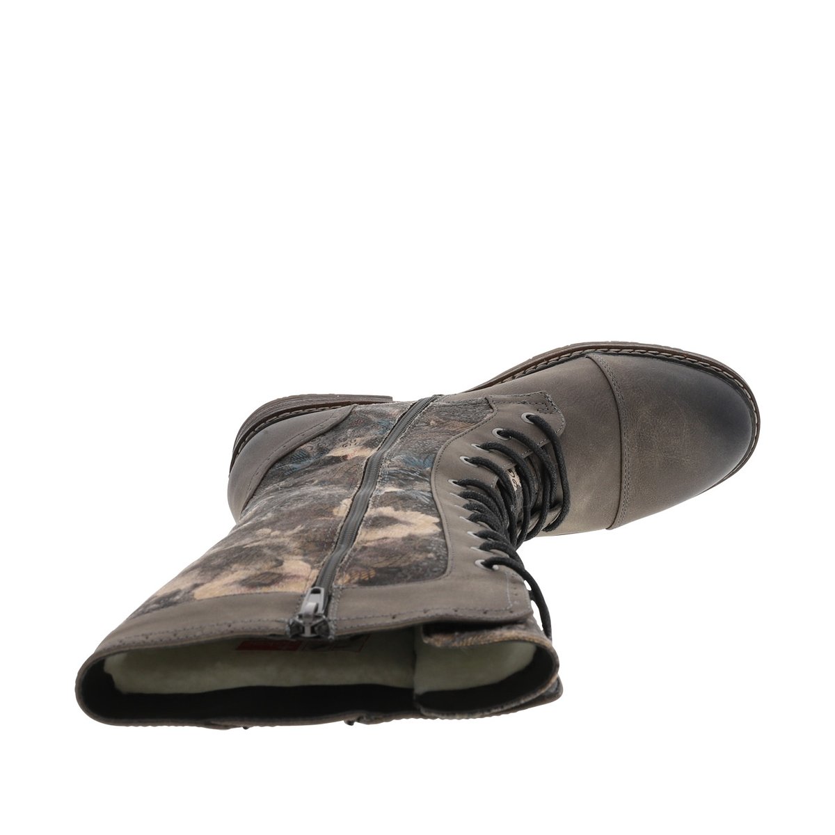 Bottes grises à talon décroché bas avec un zip et des lacets ronds grises, RIEKER