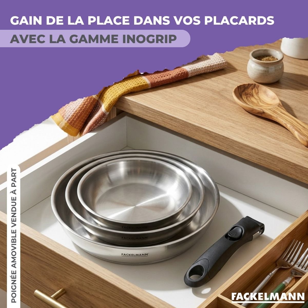 Poêle à manche amovible InoGrip inox, FACKELMANN