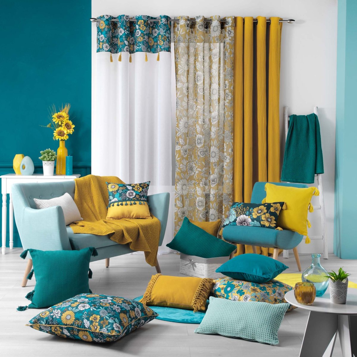 Voilage sablé imprimé floral bleu, DOUCEUR D'INTÉRIEUR