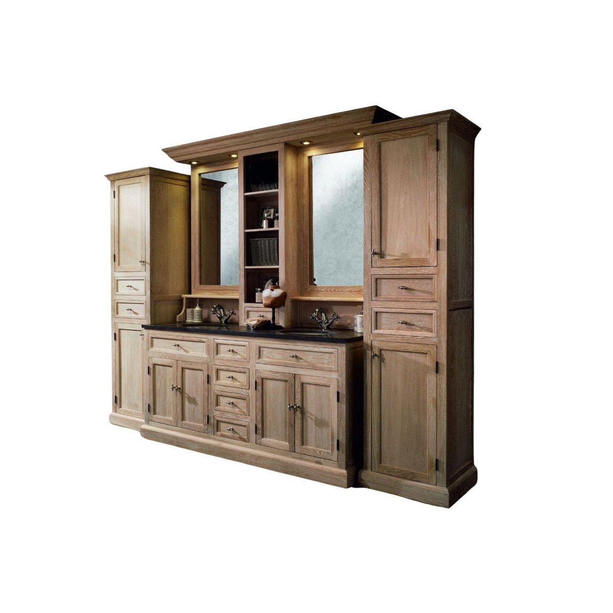 Meuble de salle de bain double vasque + 2 colonnes (ensemble) - VERONE bois clair, HELLIN, DEPUIS 1862