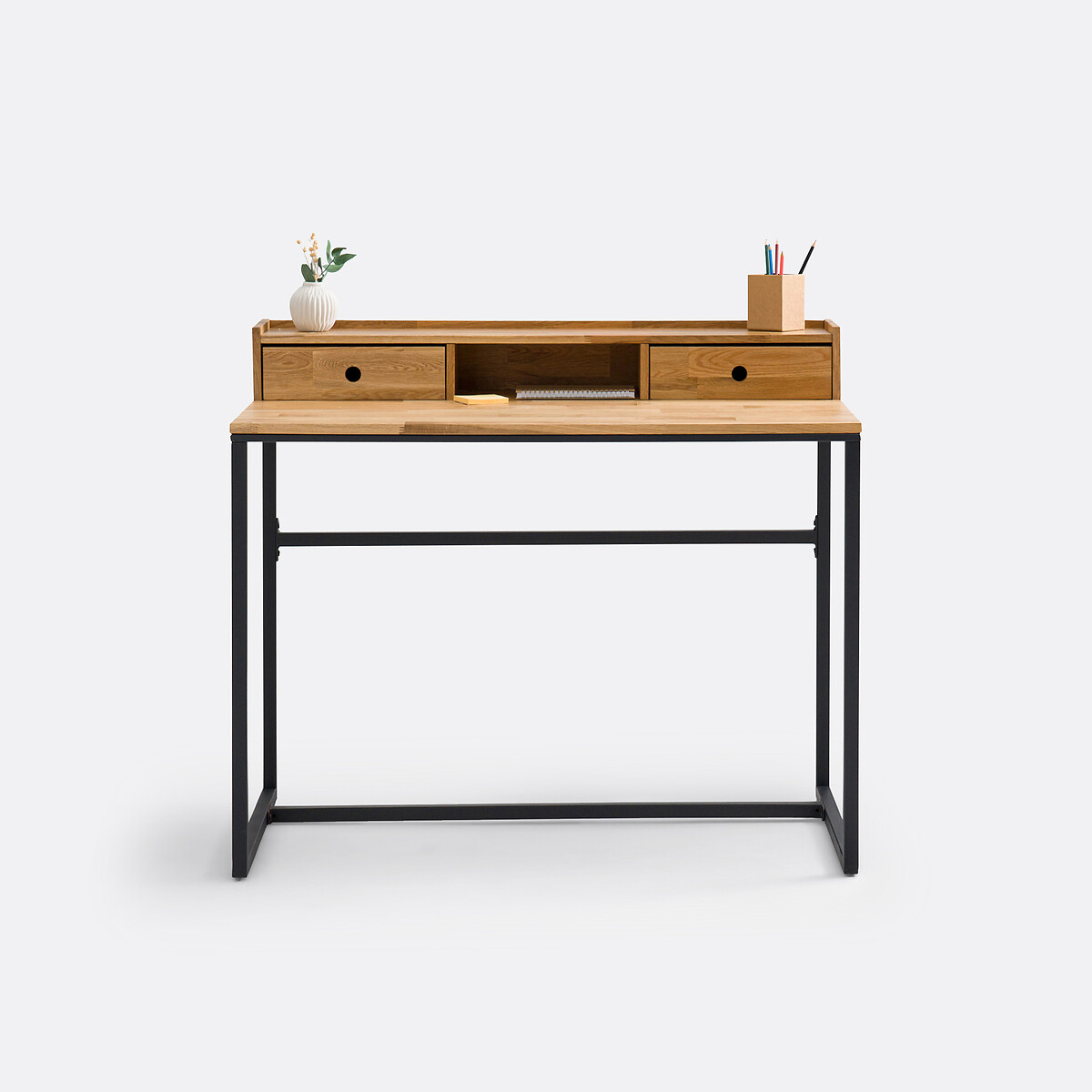 Bureau chêne et plaqué, avec petite réhausse, Hiba chêne/noir, LA REDOUTE INTERIEURS