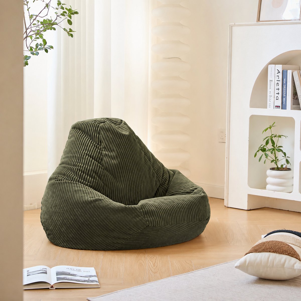 Pouf de salon, velours côtelé, GRANA vert khaki, NORDLYS