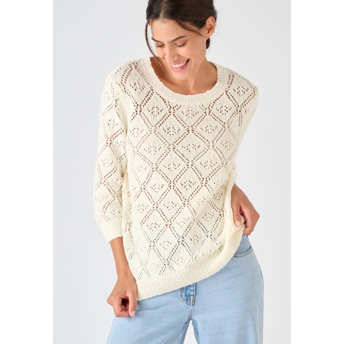 Pull ajouré fil ruban blanc cassé, DAMART