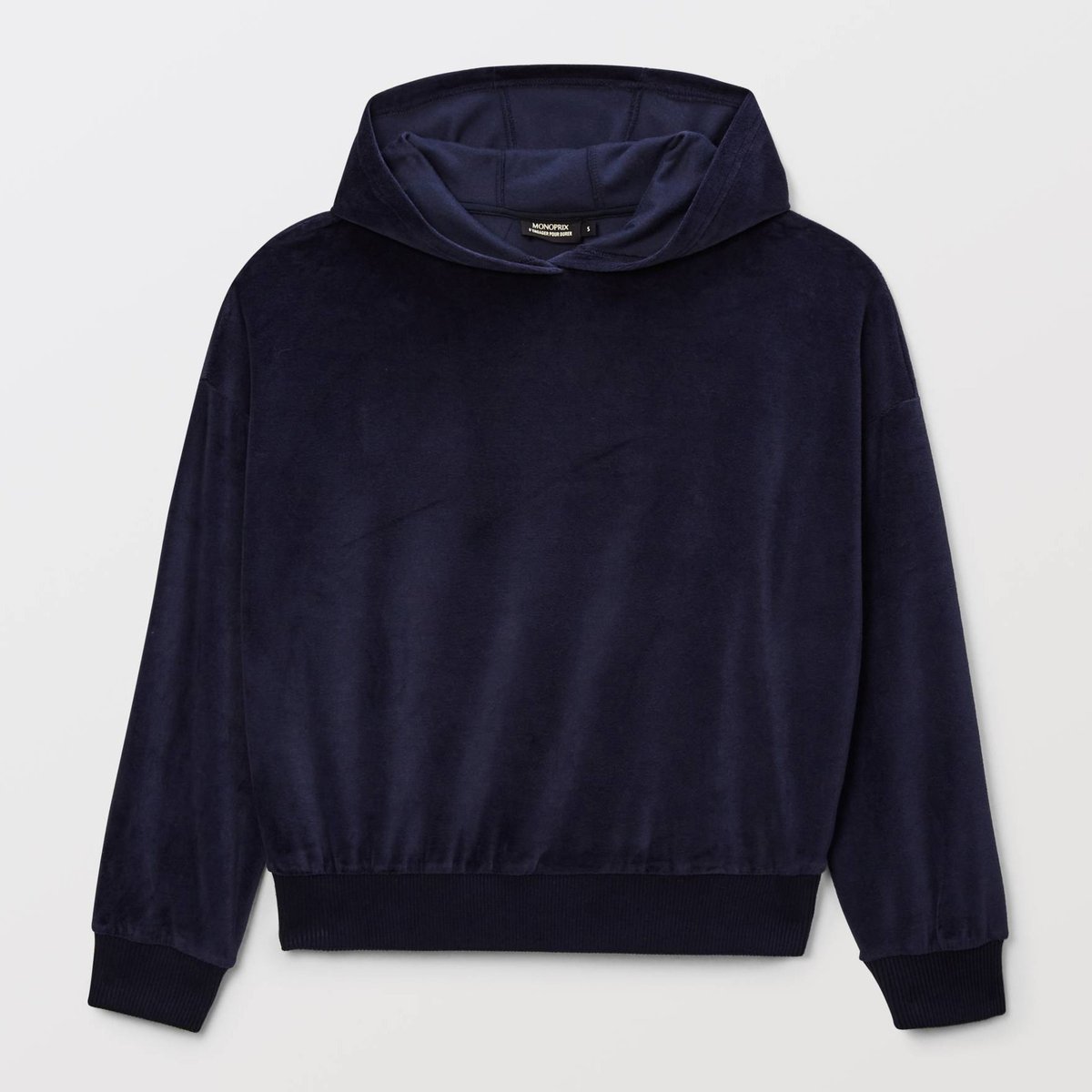 Sweat à capuche uni en velours marine, MONOPRIX