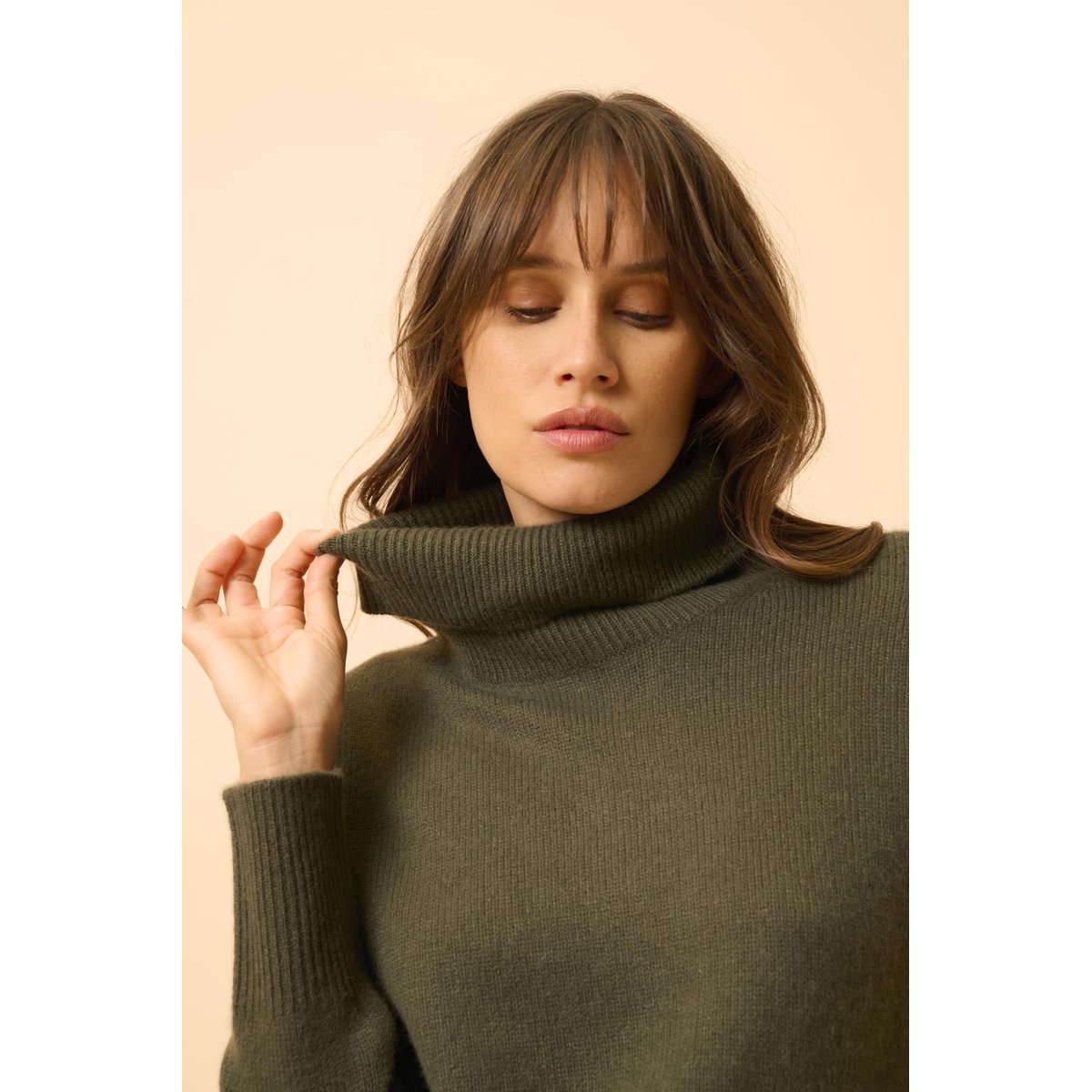 Pull Col Roulé 4 Fils Kaki Romane kaki, JUST CASHMERE
