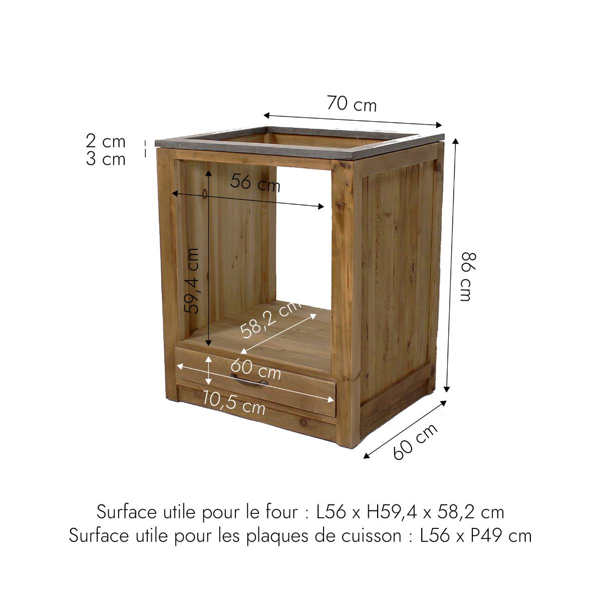 Meuble bas de cuisine en bois recyclé et pierre bleue CHAMPÊTRE bois clair, MADE IN MEUBLES