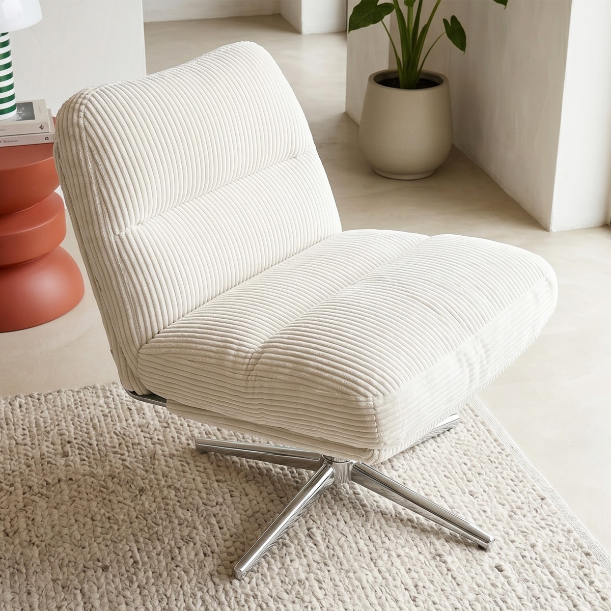 Fauteuil pivotant en velours cotelé et piètement chromé - JULIA beige, HOMIFAB