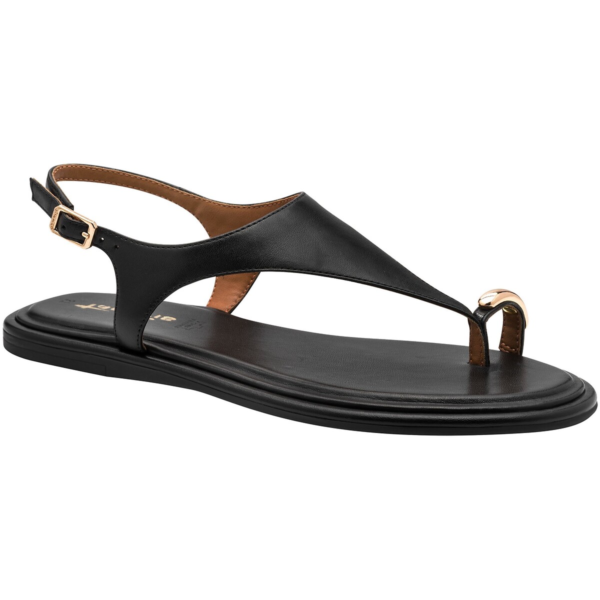 Sandales plates en cuir, passe-pouce bijou noir, TAMARIS