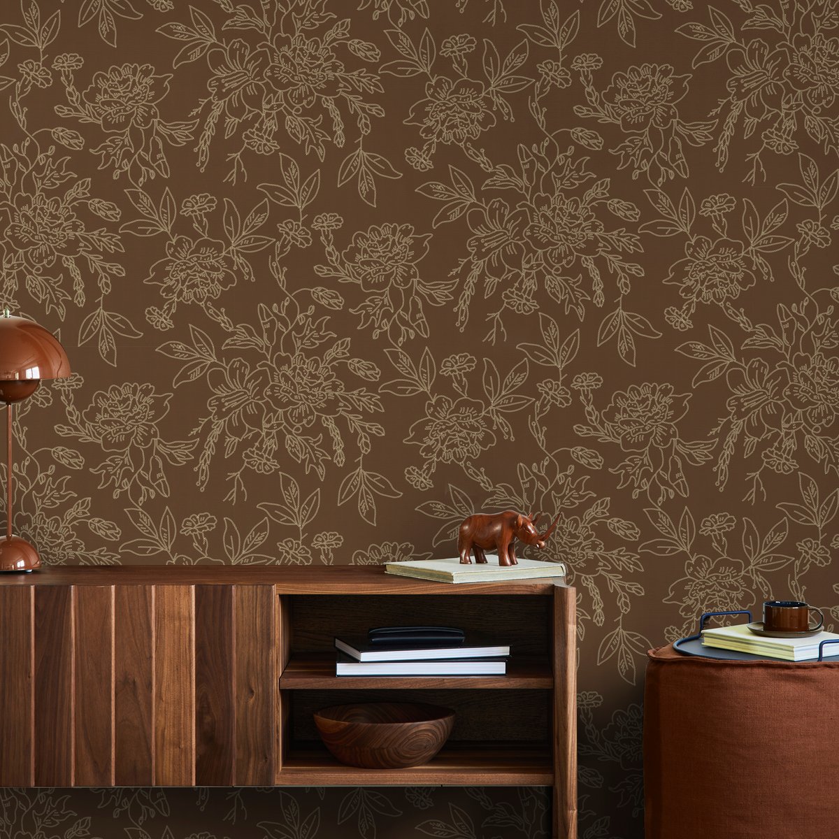 Papier peint Effet broderie de bouquets marron, beige, SUPERFRESCO EASY