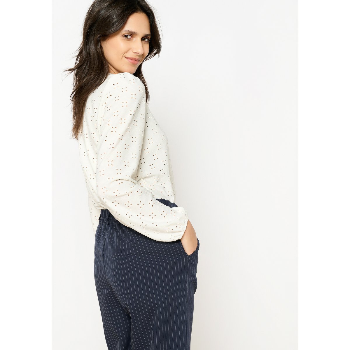 T-shirt avec broderie anglaise blanc, LOLALIZA
