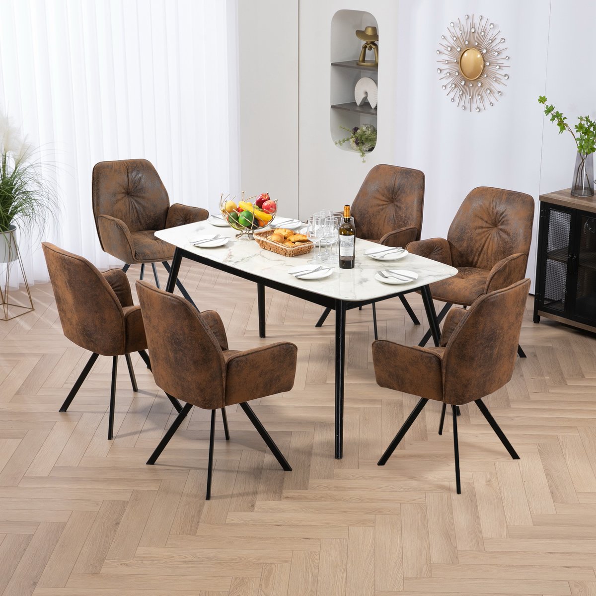 Lot de 6 chaises de salle à manger rotatif fauteuil industriel, CALF marron, MEUBLES COSY