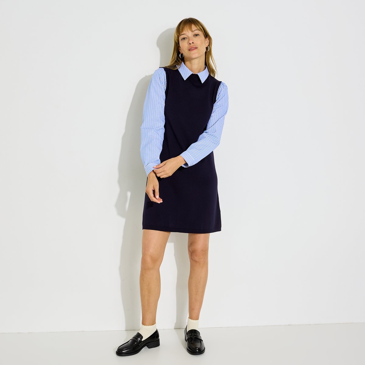 Robe courte 2-en-1 pull et chemise bleu marine, GRAIN DE MALICE