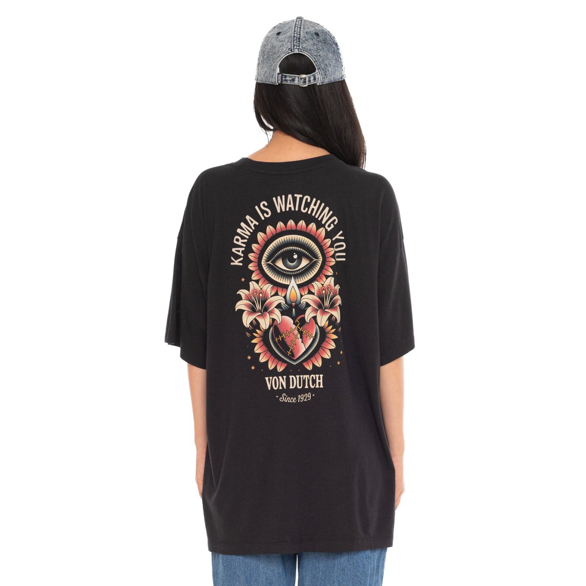 Tee shirt coton FLOWER noir/beige/rouge, VON DUTCH