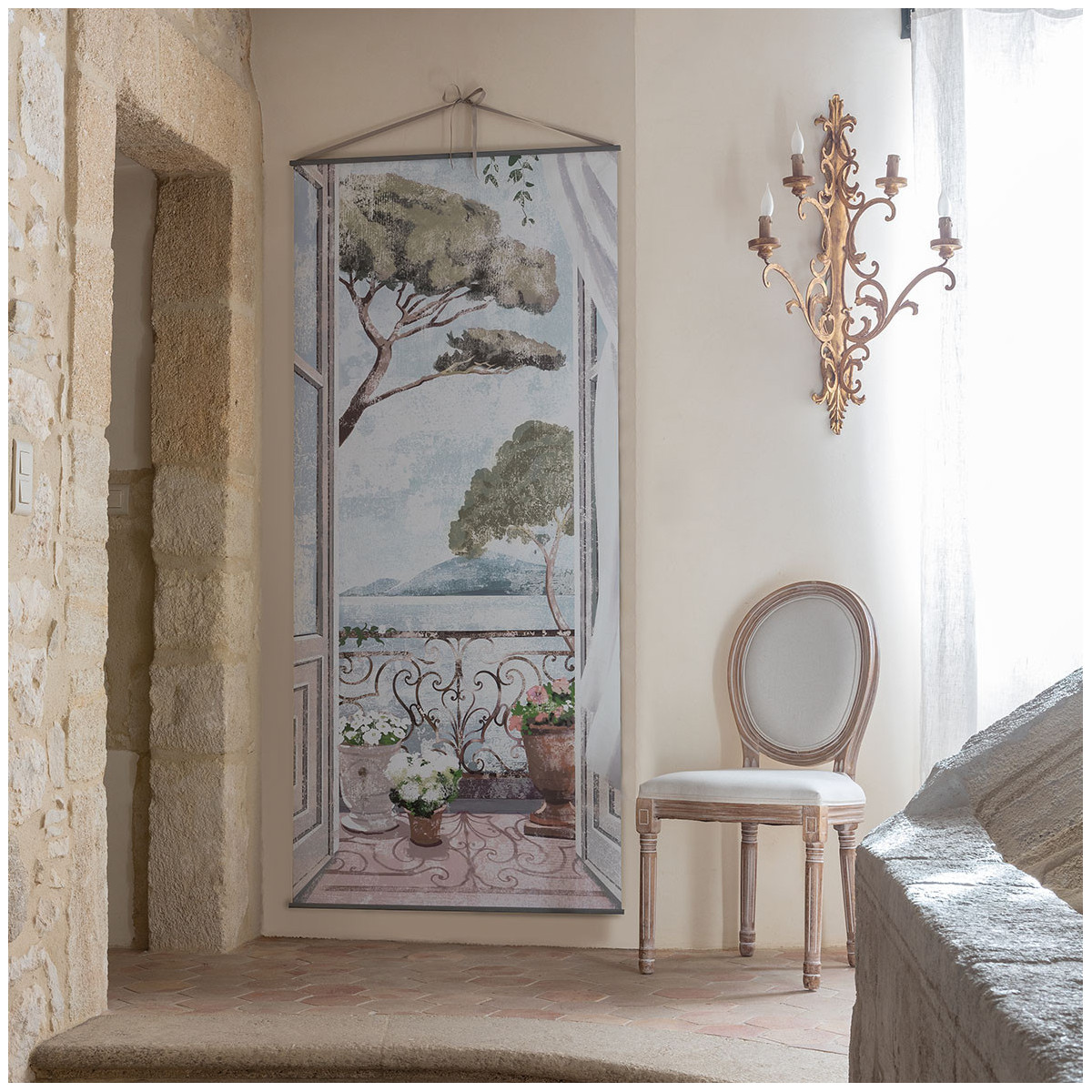 Toile trompe-l'œil - Balcon Méditerranéen beige, MATHILDE M