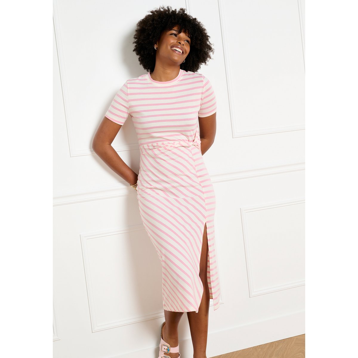 Robe midi jersey rayée nouée rose clair, LOLALIZA