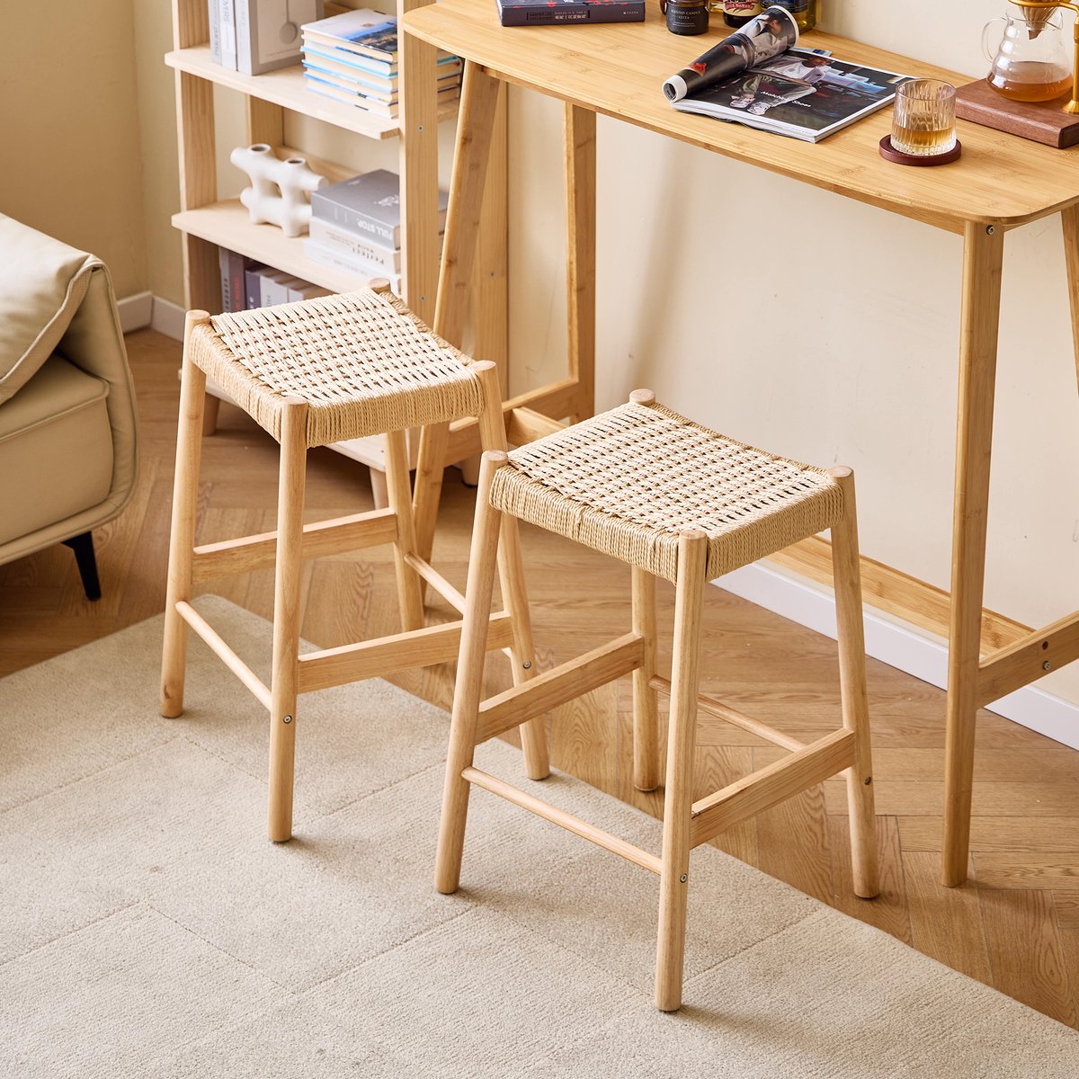 Lot de 2 tabourets de bar, bois massif et corde, SALTA coloris naturel, NORDLYS