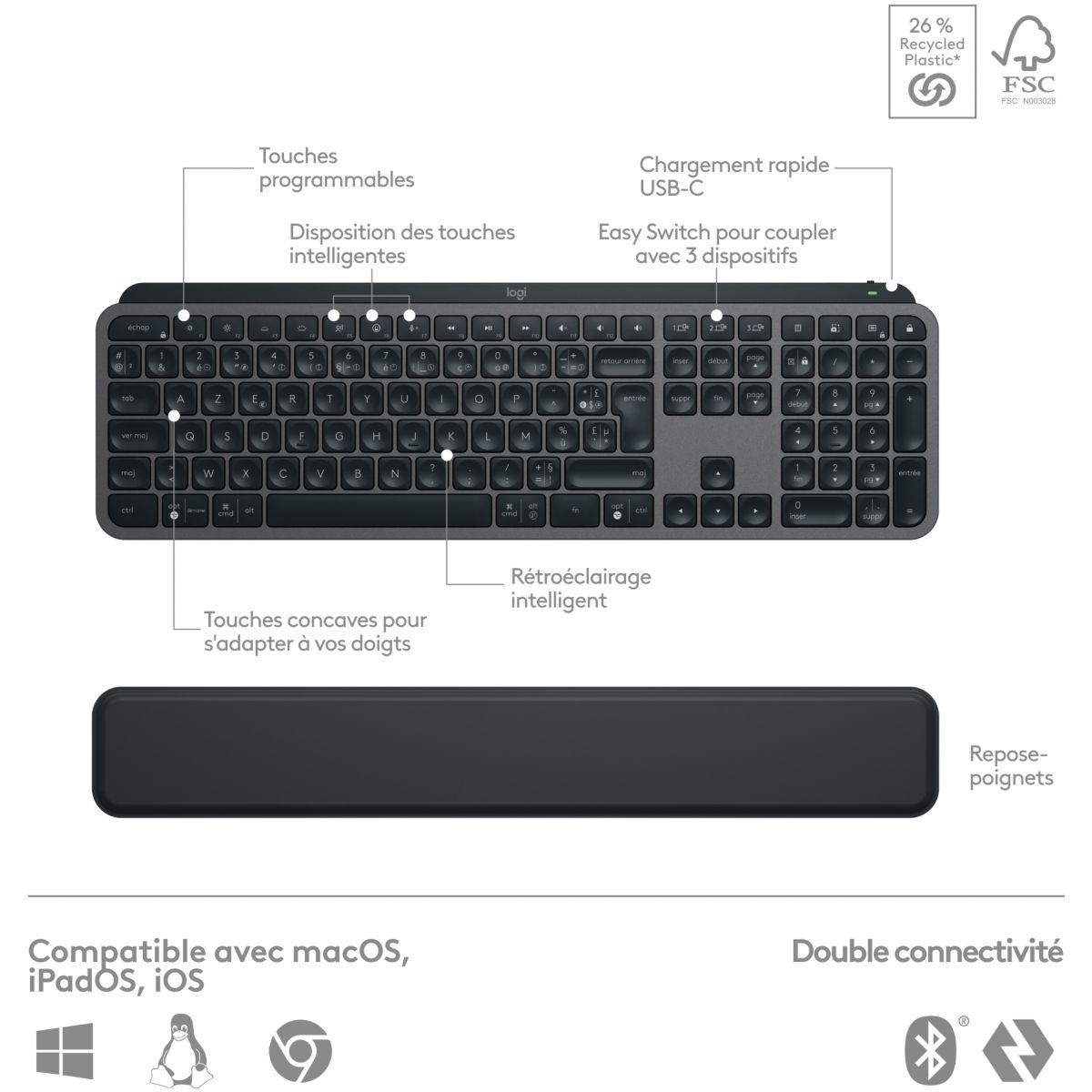 Clavier + Souris MX keys S avec repose poignet couleur unique, LOGITECH