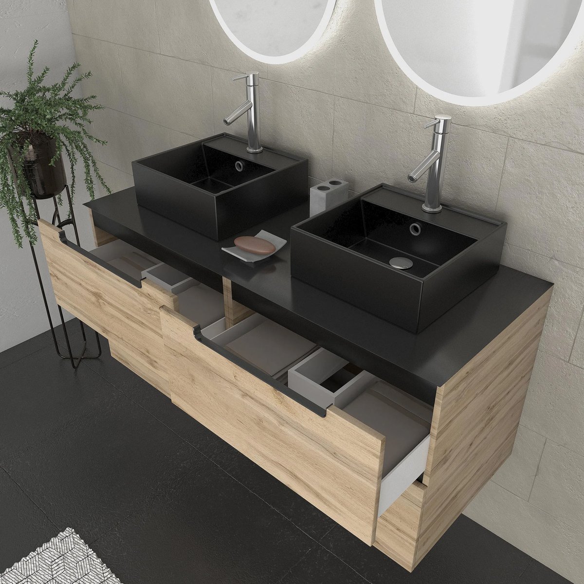 Ensemble de salle de bains avec 2 vasques rectangulaires et 2 miroirs ronds à led naturel, HOME MAISON