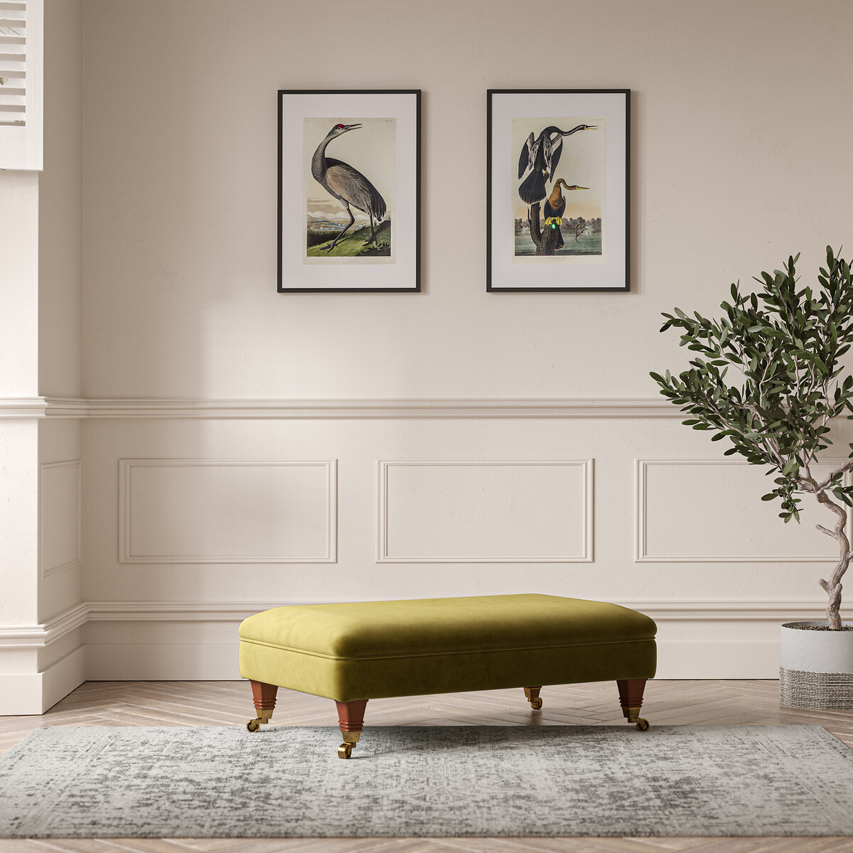 Emeline Velvet Footstool with Castor Legs olive, ÉDITÉ