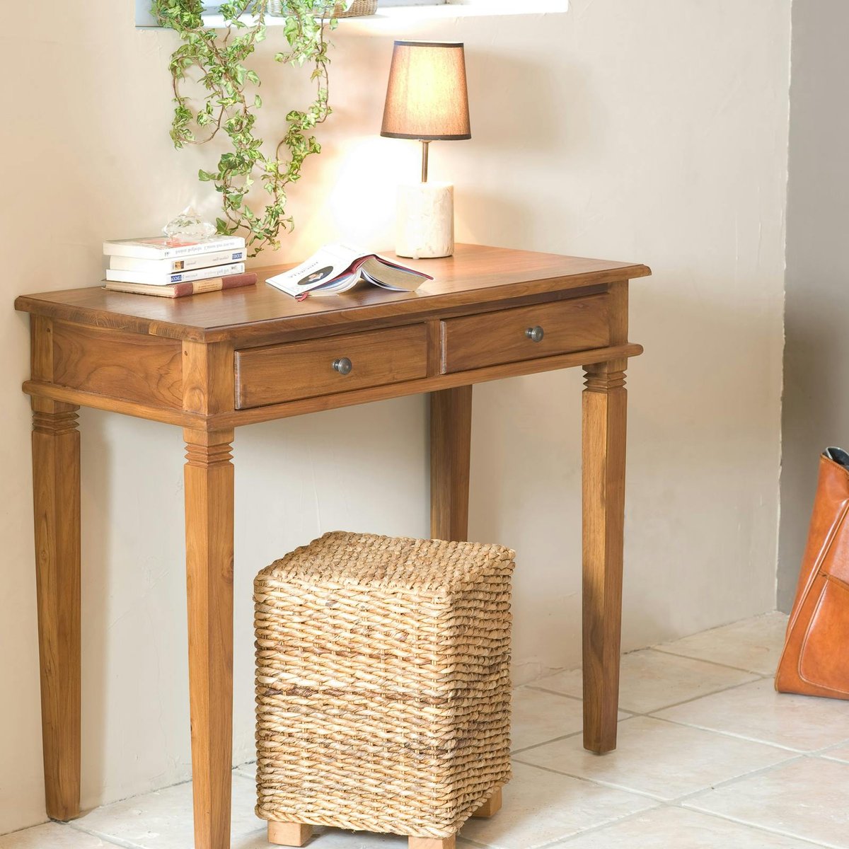Bureau console colonial Teck Miel 90cm BISHO bois naturel, PIER IMPORT