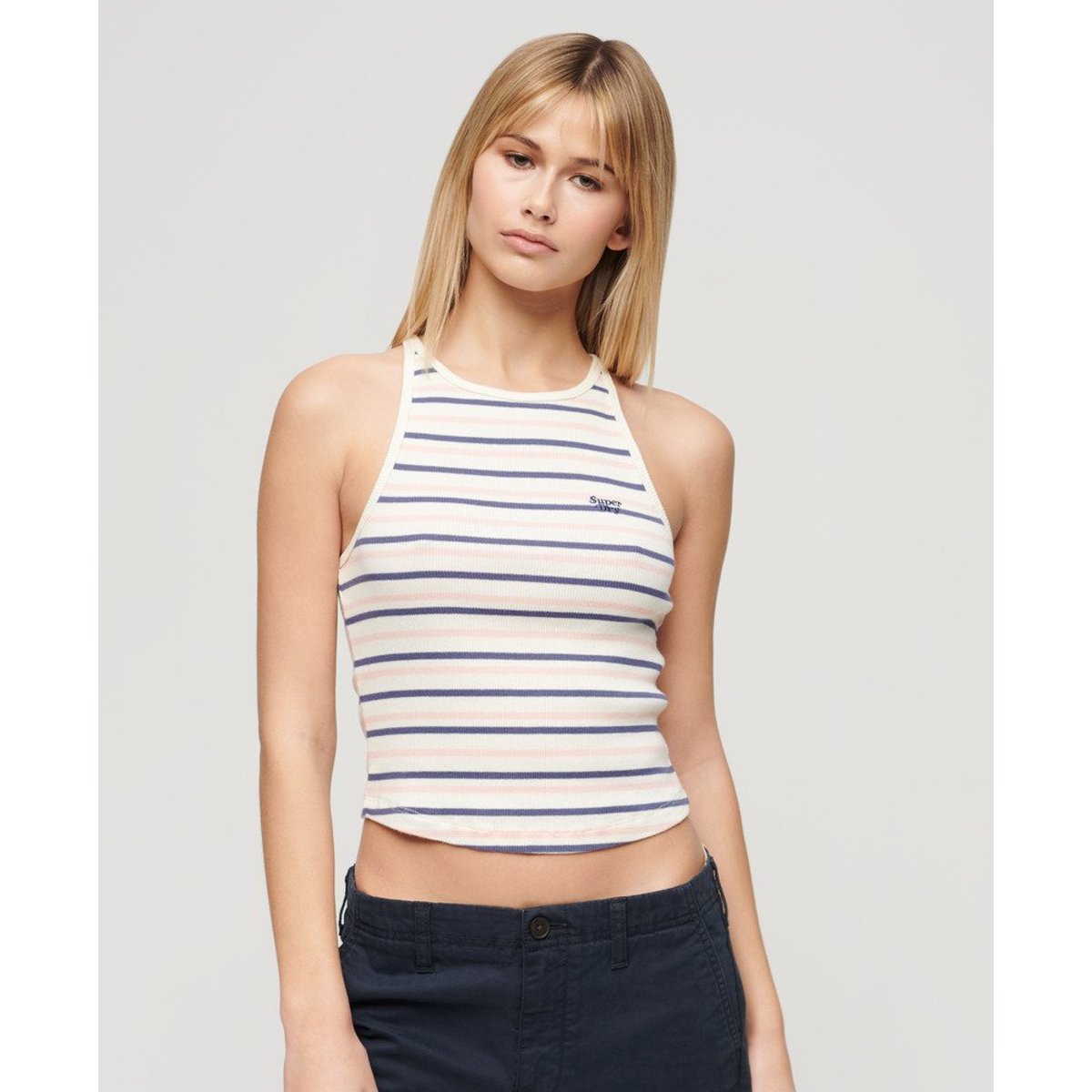Débardeur rayé à dos nageur Essential Logo bleu marine rayé, SUPERDRY