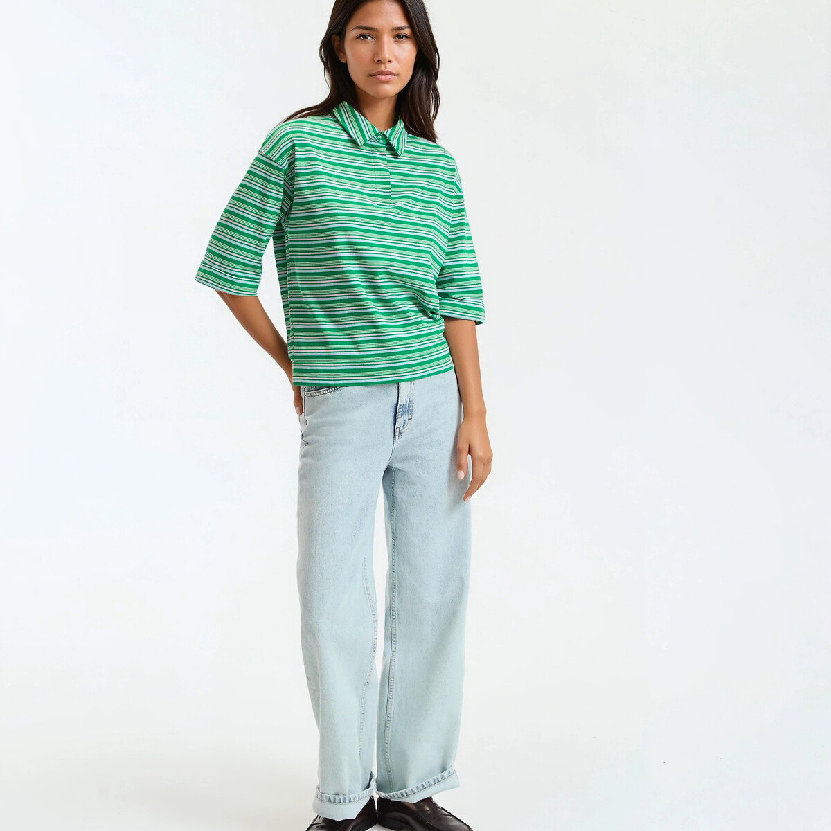 T-shirt col polo, manches courtes, à rayures rayé vert, LA REDOUTE COLLECTIONS