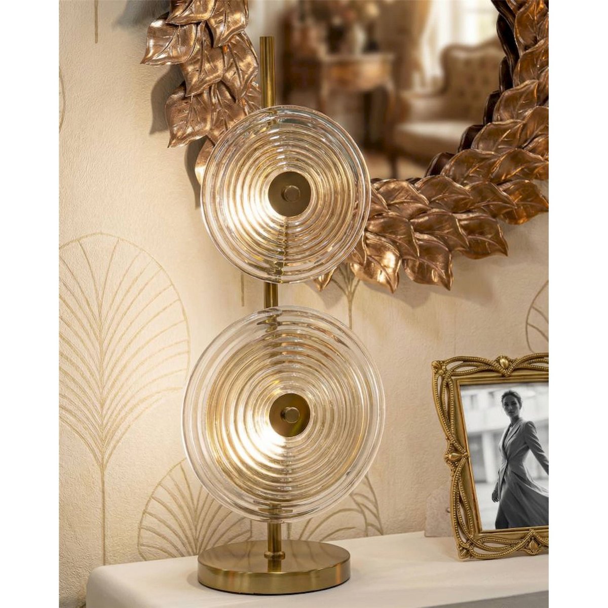 Lampe à poser en verre relief socle en fer doré, naturel et brun, RECOLLECTION