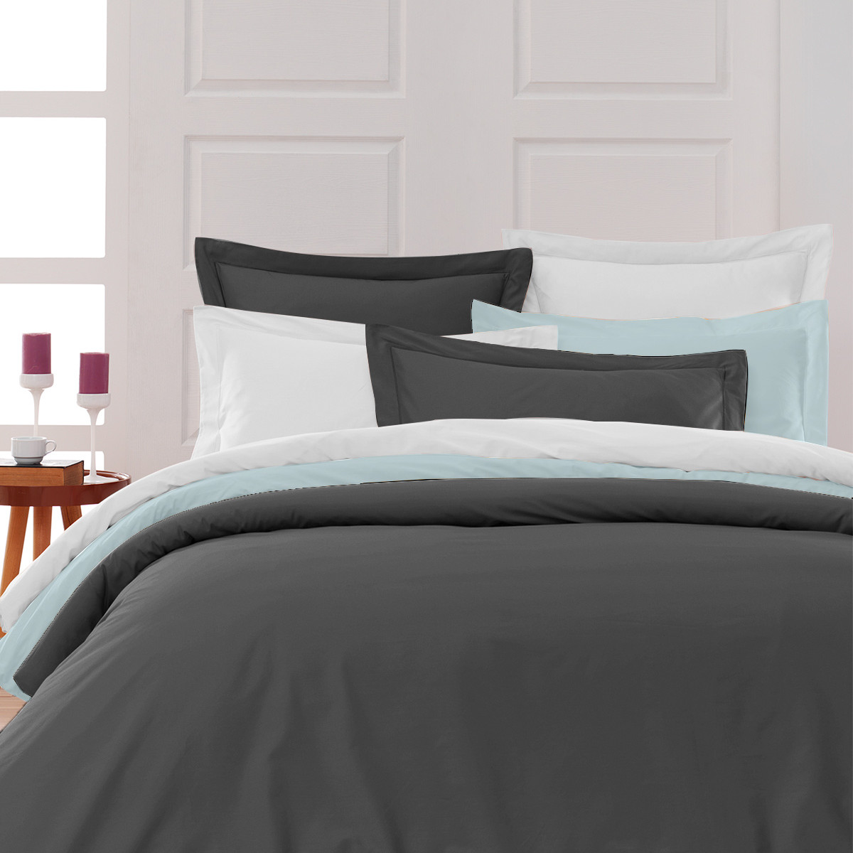 Parure housse de couette + 2 taies 65x65 cm SOFT PERCALE anthracite, SENSEI MAISON