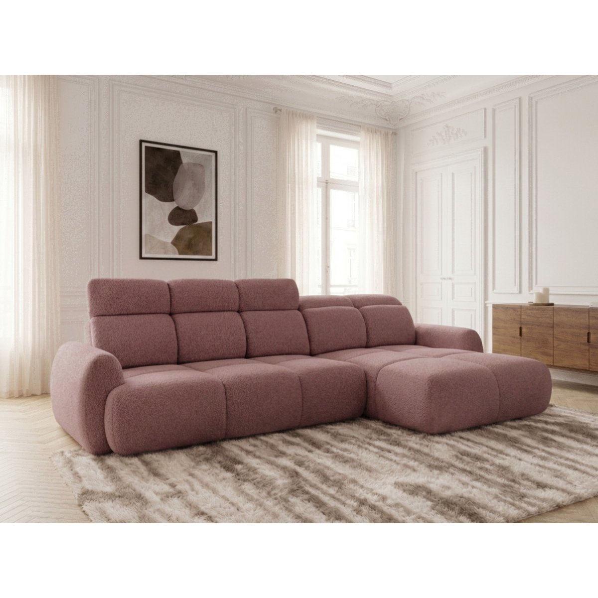 Canapé d'angle convertible 3 places en tissu chenille, RUBY rouge, BOBOCHIC