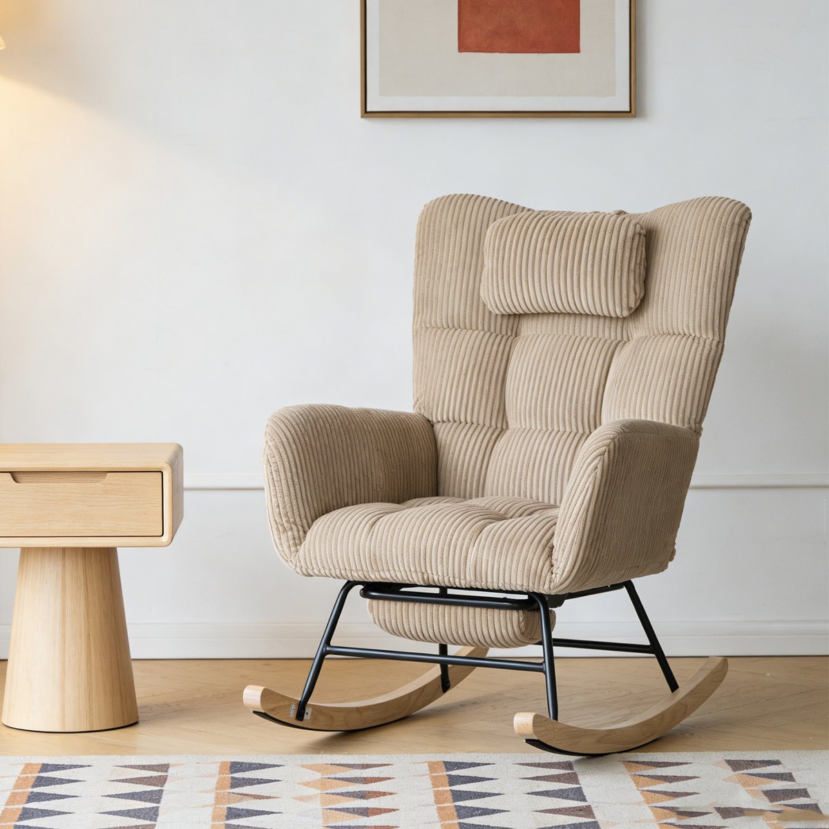 Fauteuil à bascule velours côtelé avec repose-jambes, NEWFUNKELB marron, MEUBLES COSY