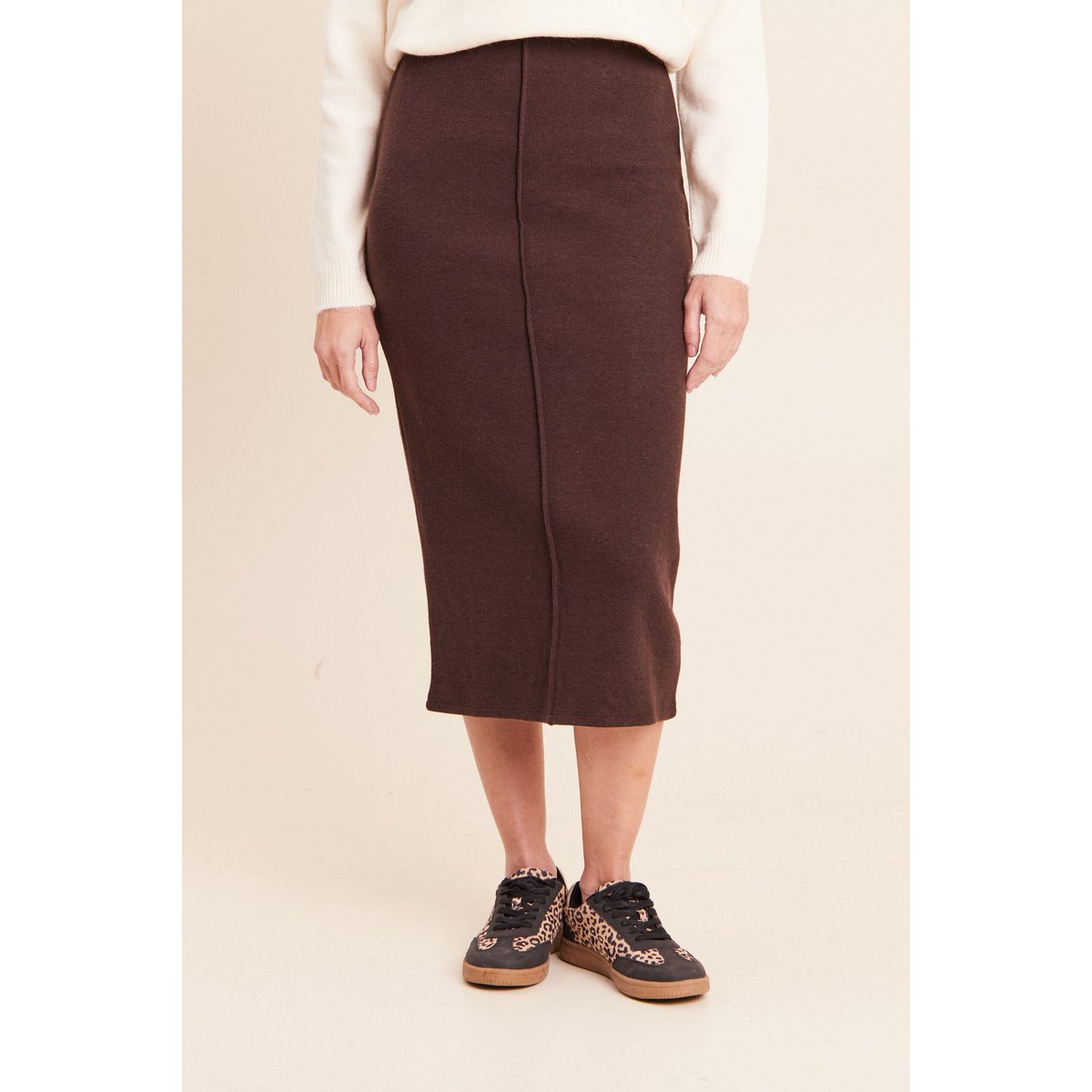 Jupe longue droite en maille marron foncé, BREAL