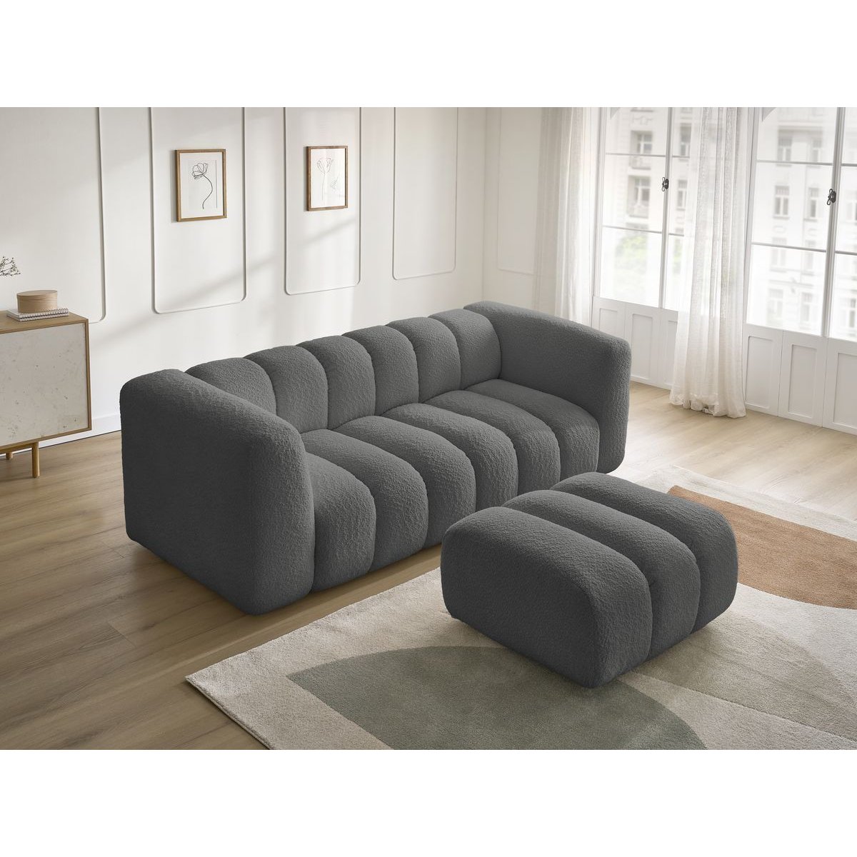 Canapé droit fixe 3 places en tissu bouclette avec pouf, TALIA gris foncé, BOBOCHIC