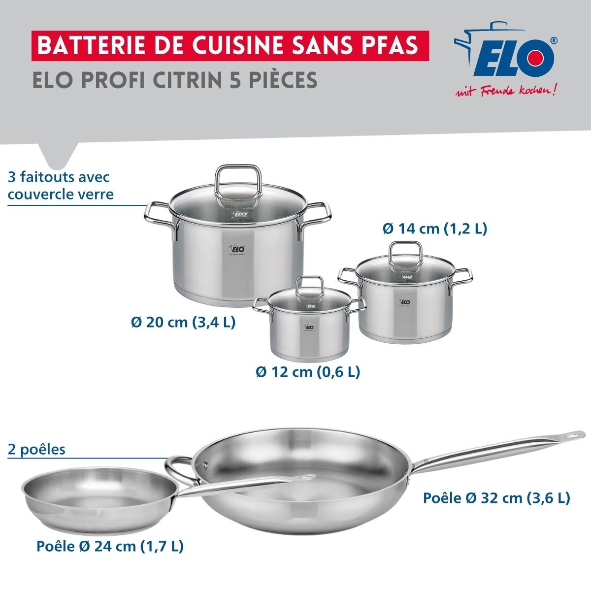 Batterie 2 poêles 24/32cm + 3 faitouts 12/14/20cm PROFI CITRIN gris, ELO