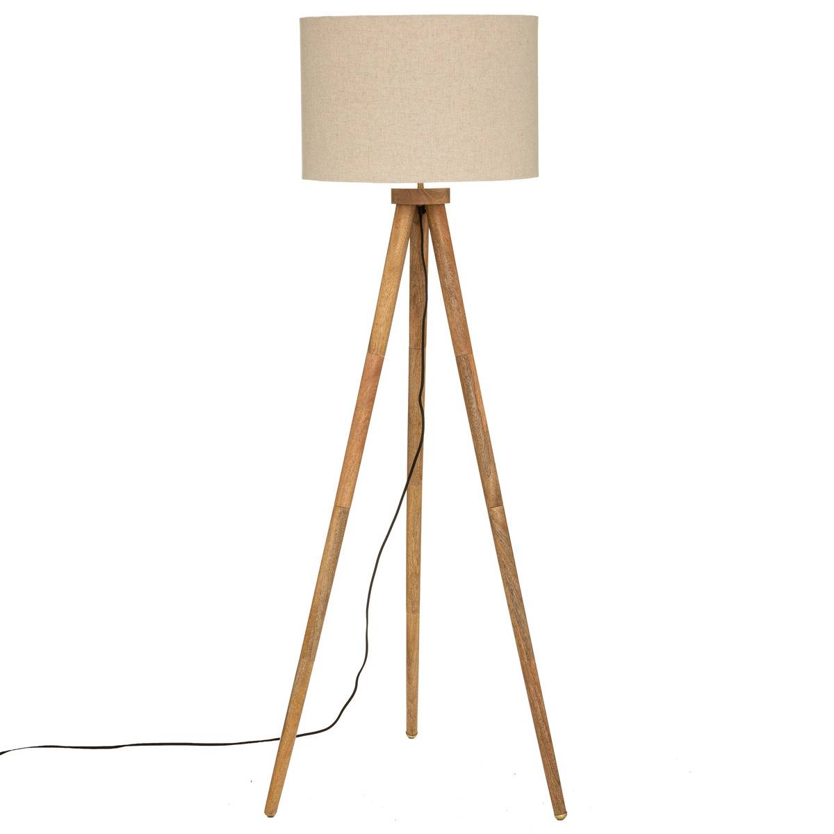 Lampadaire trépied en bois de manguier abat-jour coton OLGA mordoré, ATMOSPHERA