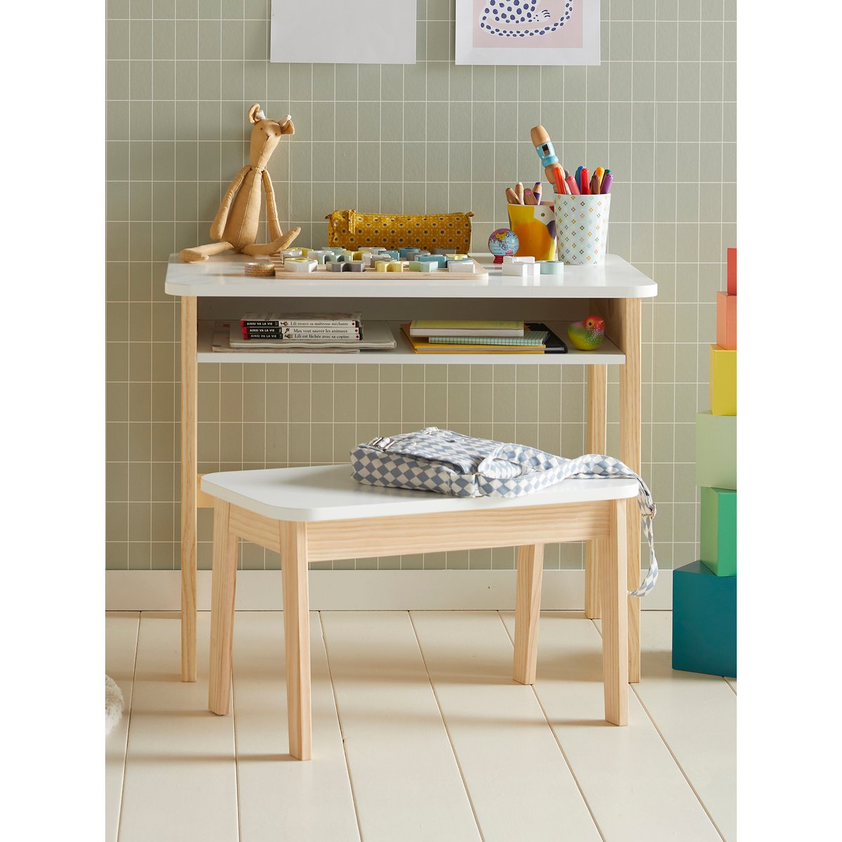 Bureau + tabouret maternelle ÉCOLIER blanc, VERTBAUDET