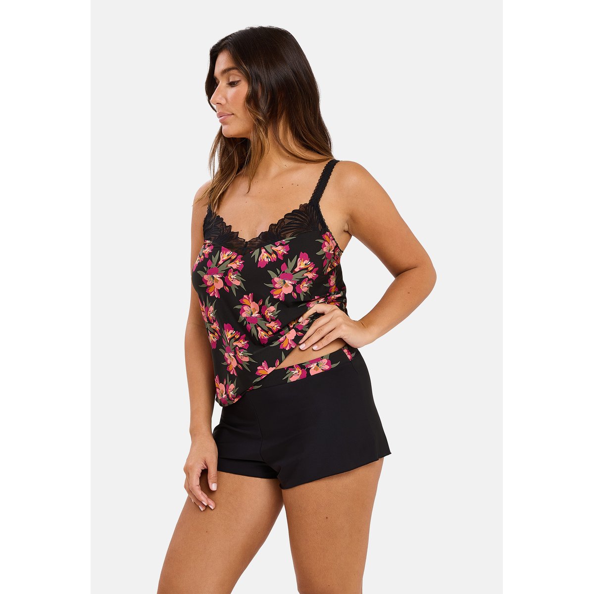 Caraco ORIANE bouquets noir / rose, SANS COMPLEXE
