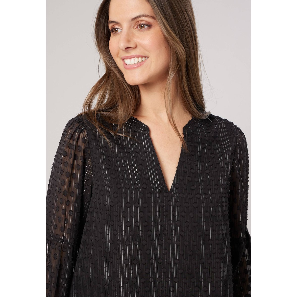Blouse femme texturée à manches transparentes CONSTANZA noir, DEELUXE