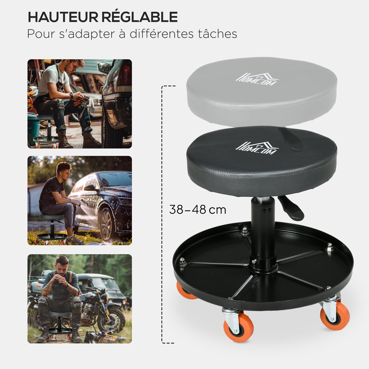 Siège à roulettes pour mécanicien Acier Noir noir, HOMCOM