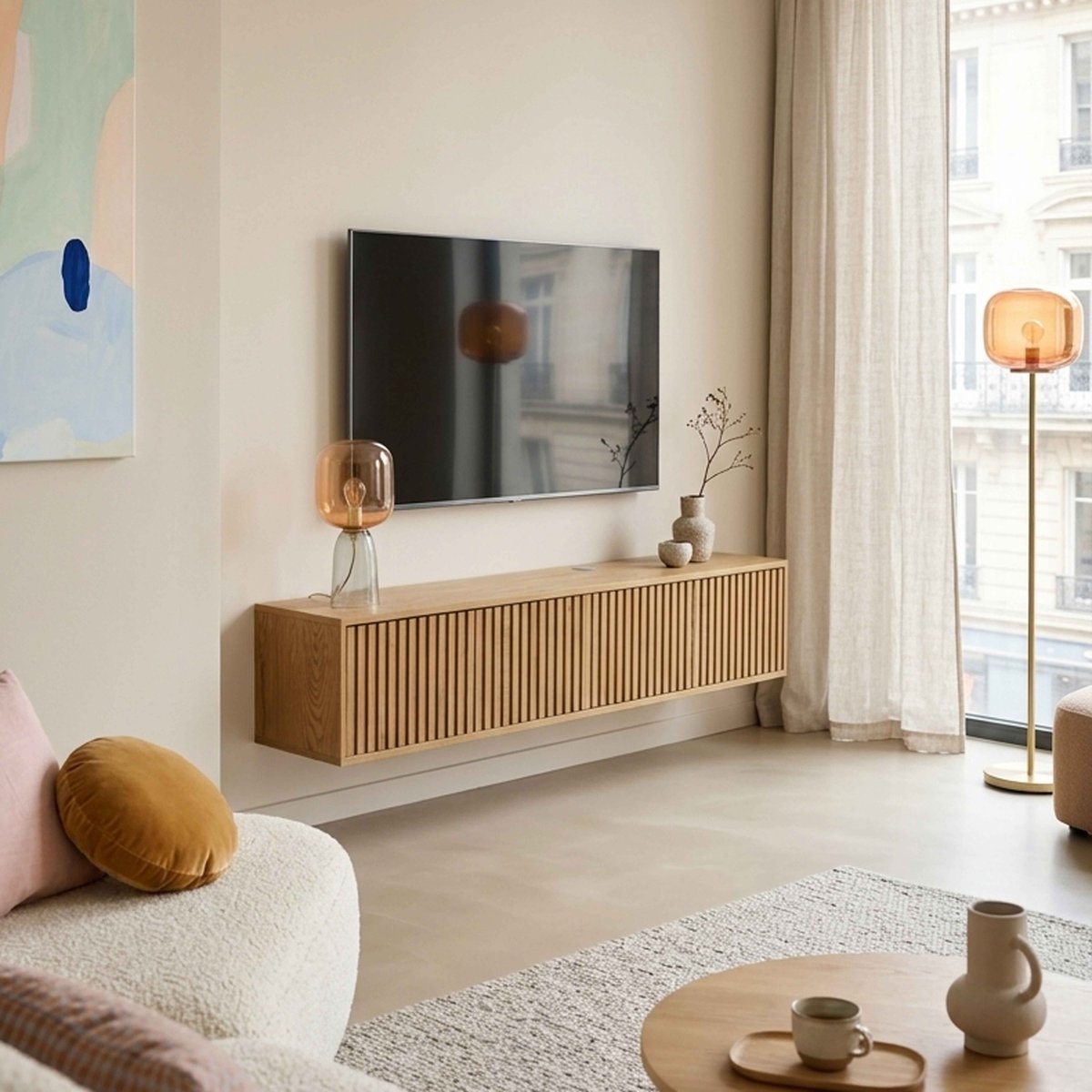 Meuble TV suspendu effet bois clair 160 cm style scandinave, IVY bois clair, OVIALA