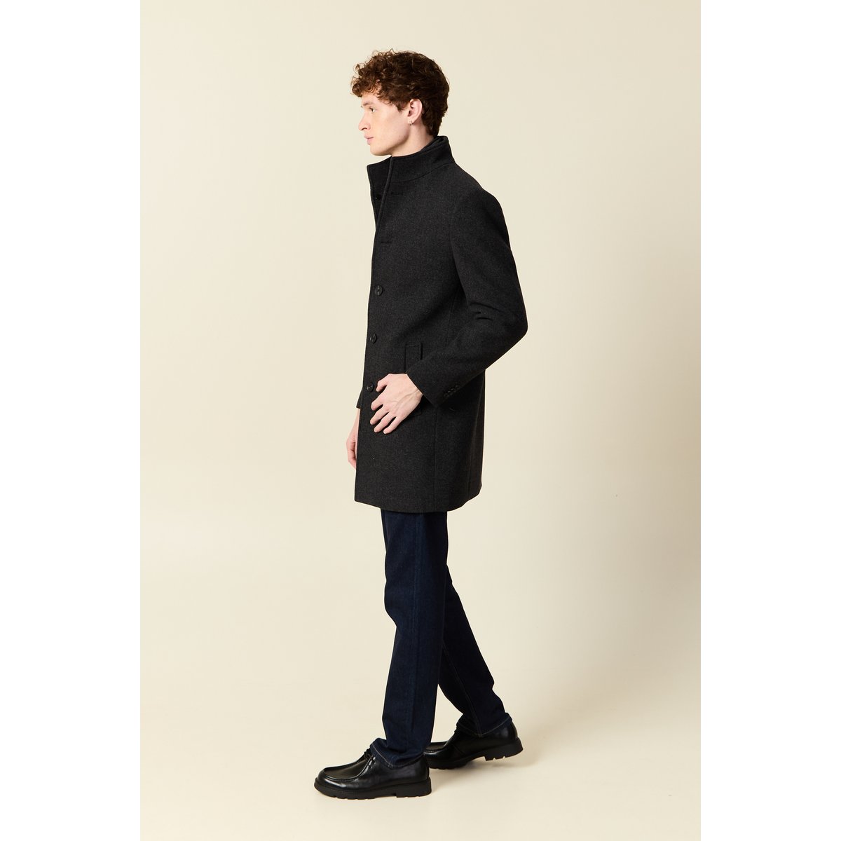 Manteau droit long col montant noir, BONOBO