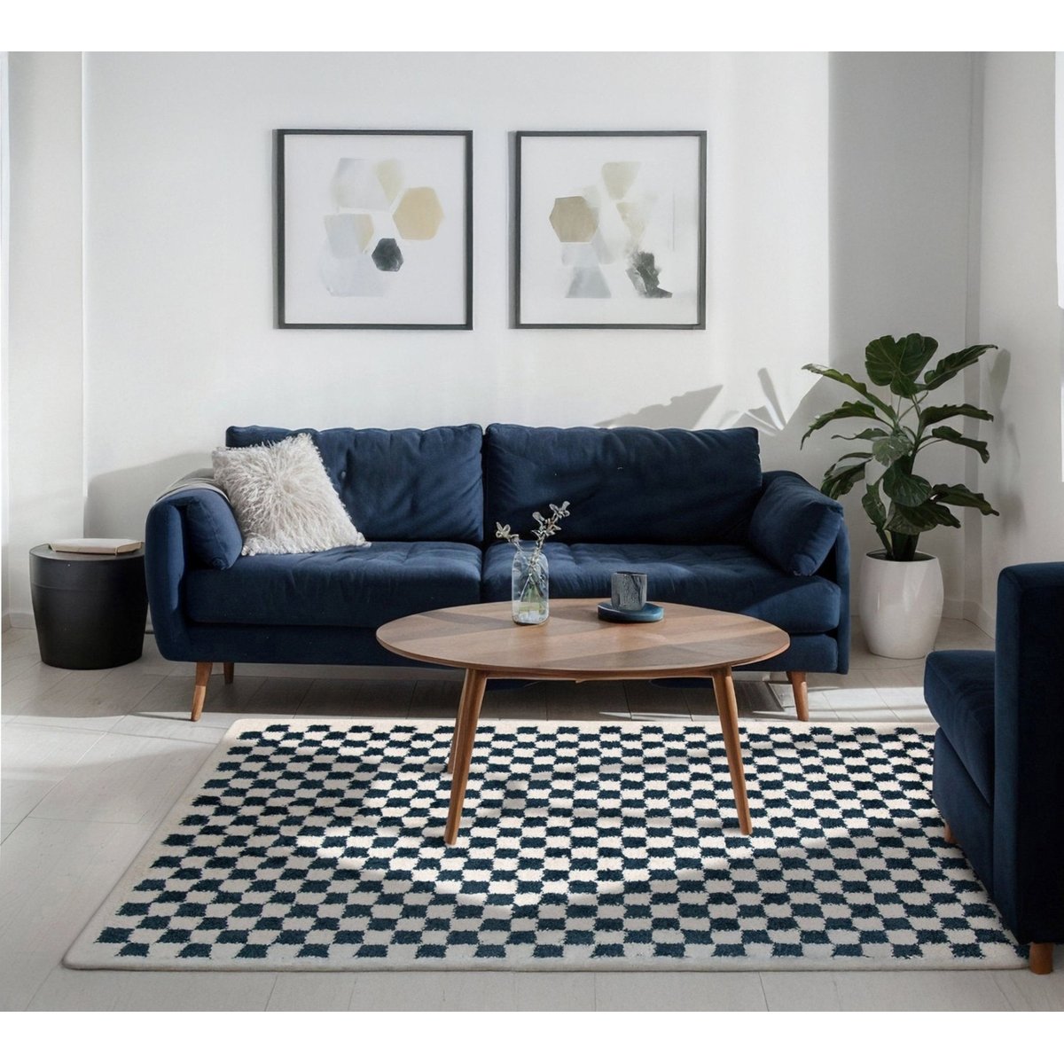Tapis damier poils longs doux et volumineux CHECKERS bleu naturel, AFK LIVING
