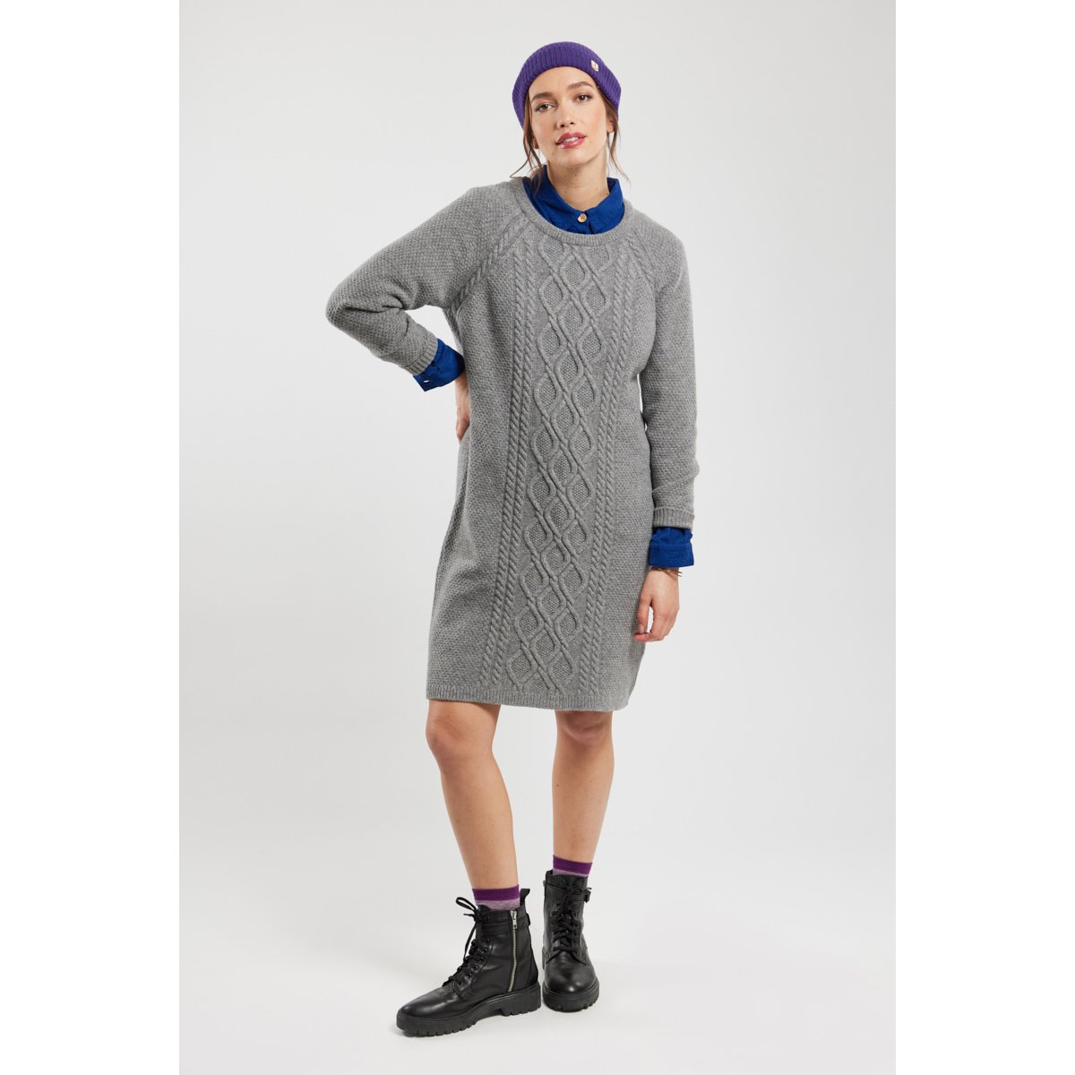 Robe pull torsades en laine gris chiné, ARMOR-LUX