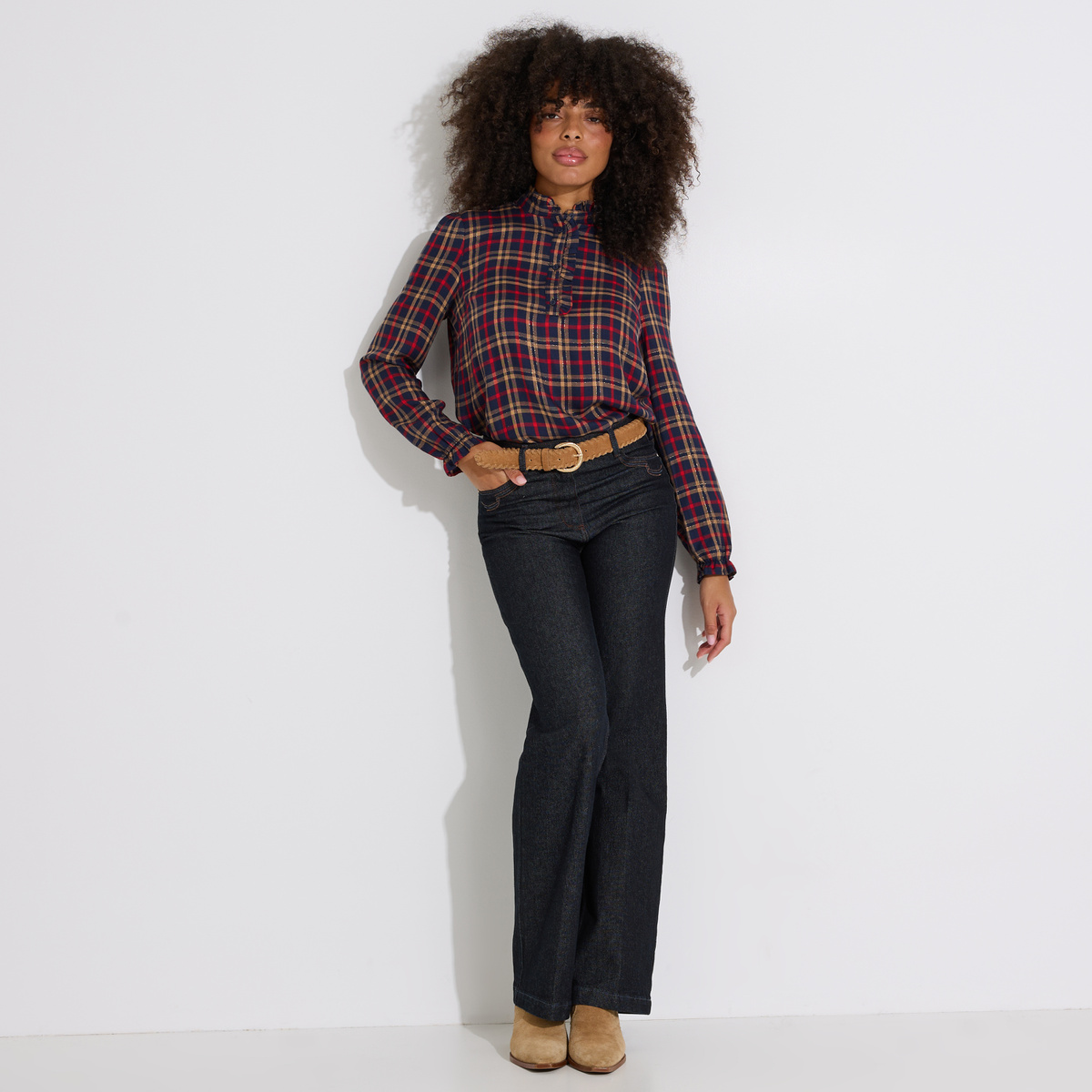 Blouse à carreaux col montant bleu marine, GRAIN DE MALICE