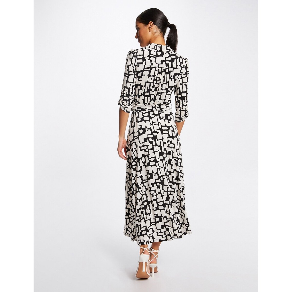 Robe longue évasée, imprimé abstrait blanc/noir, MORGAN