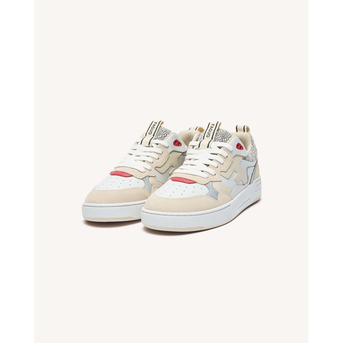 Baskets basses cuir suede DAHLIA crème et rouge, FAGUO