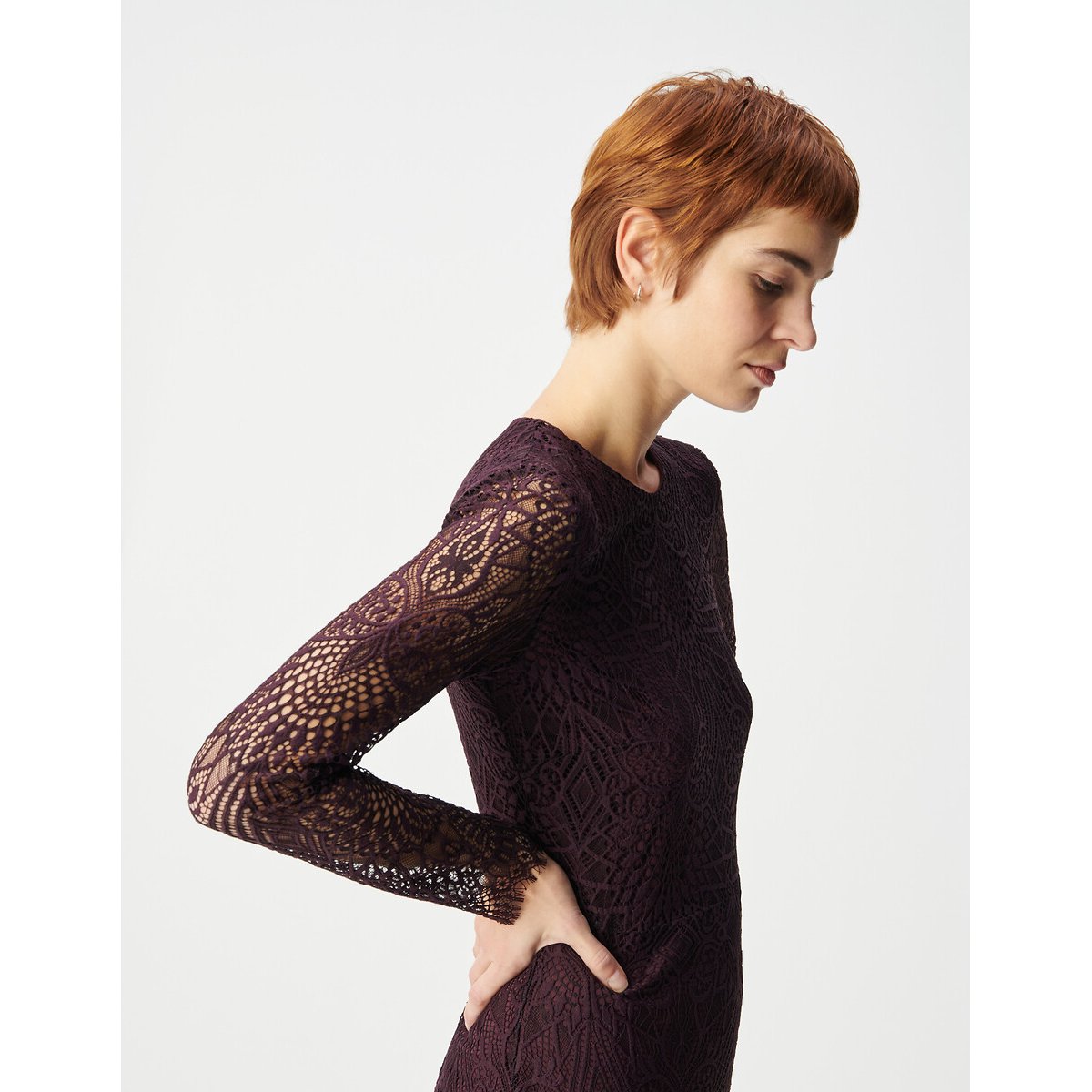 Vestido comprido de renda com gola redonda bordeaux, IKKS