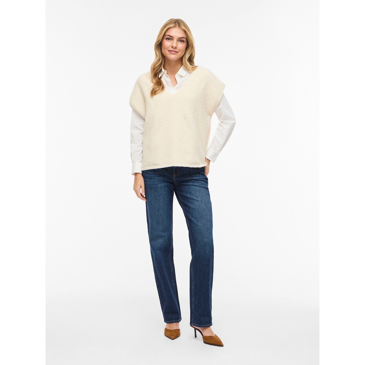 Pullover mit kurzen Ärmeln und V-Ausschnitt beige, VILA